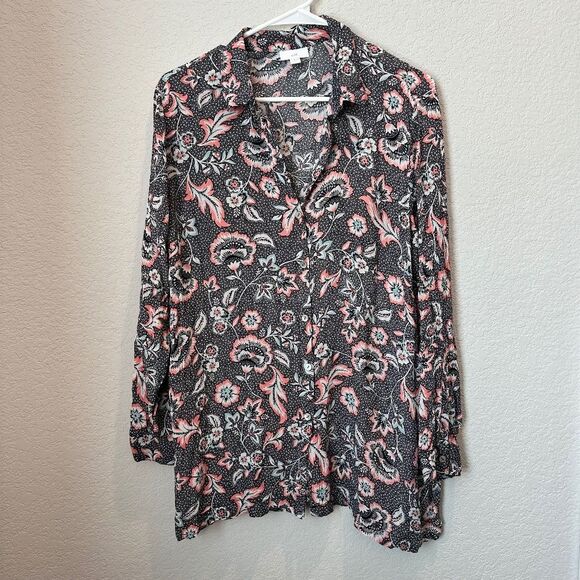 J. Jill Black White Pink Floral Button Front Lightweight Blouse - Size LP - EUC - Picture 1 of 6